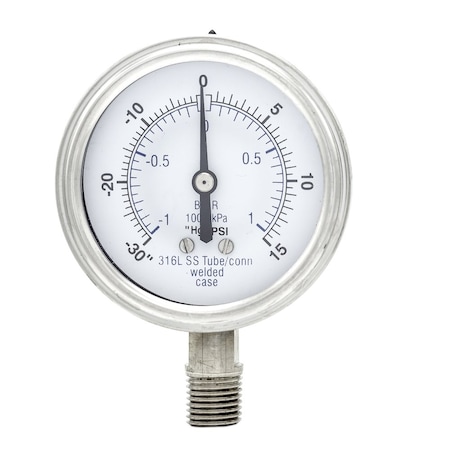 Pic Gauges 2 1/2 in Dial, 1/4 in NPT Male Lower Location, Stainless Steel Case Material PRO-301D-254CB-01
